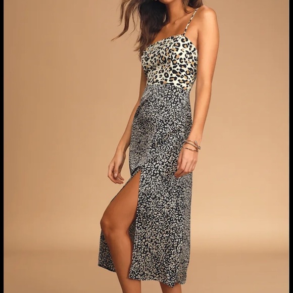 Lulus Being Bold Leopard Print Satin Midi Slip Dress Small - Picture 1 of 8